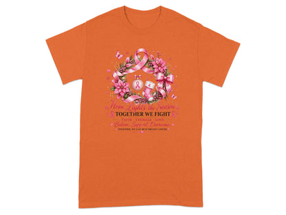 Orange t-shirt with pink ribbon wreath and breast cancer awareness text.