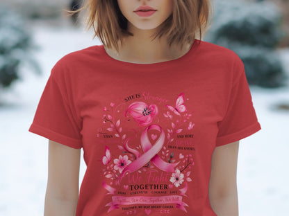 Red t-shirt with pink breast cancer ribbon and empowering text "We Fight Together".