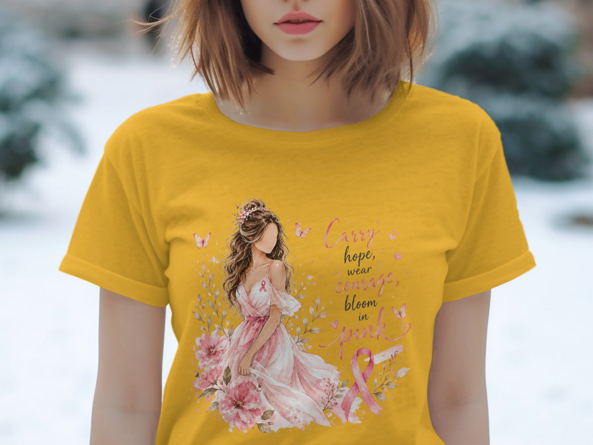 Yellow t-shirt with woman, flowers, butterflies, and text.
