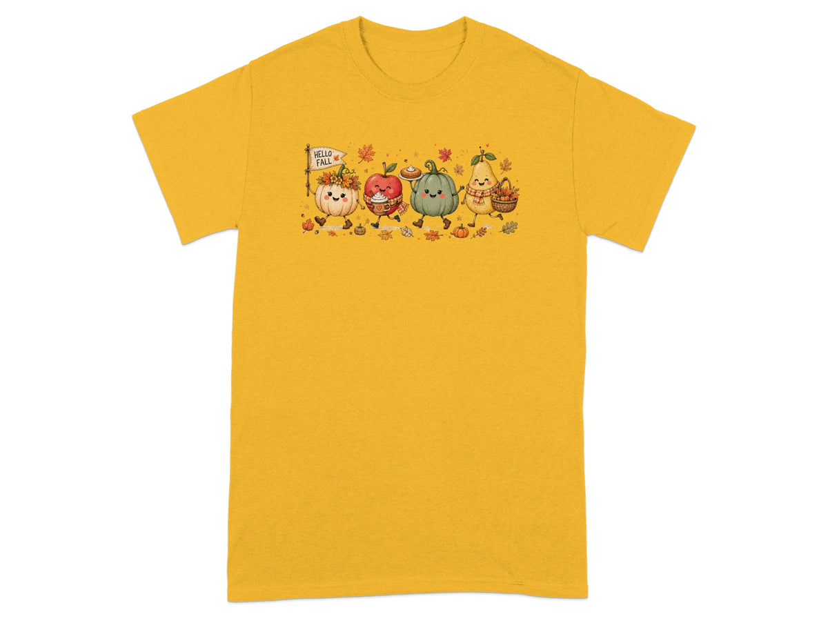 Cute cartoon pumpkin, apple, gourd, and pear characters with "Hello Fall" flag.