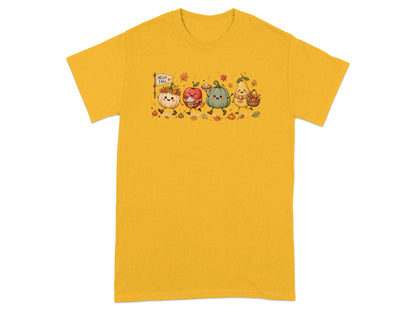 Cute cartoon pumpkin, apple, gourd, and pear characters with "Hello Fall" flag.