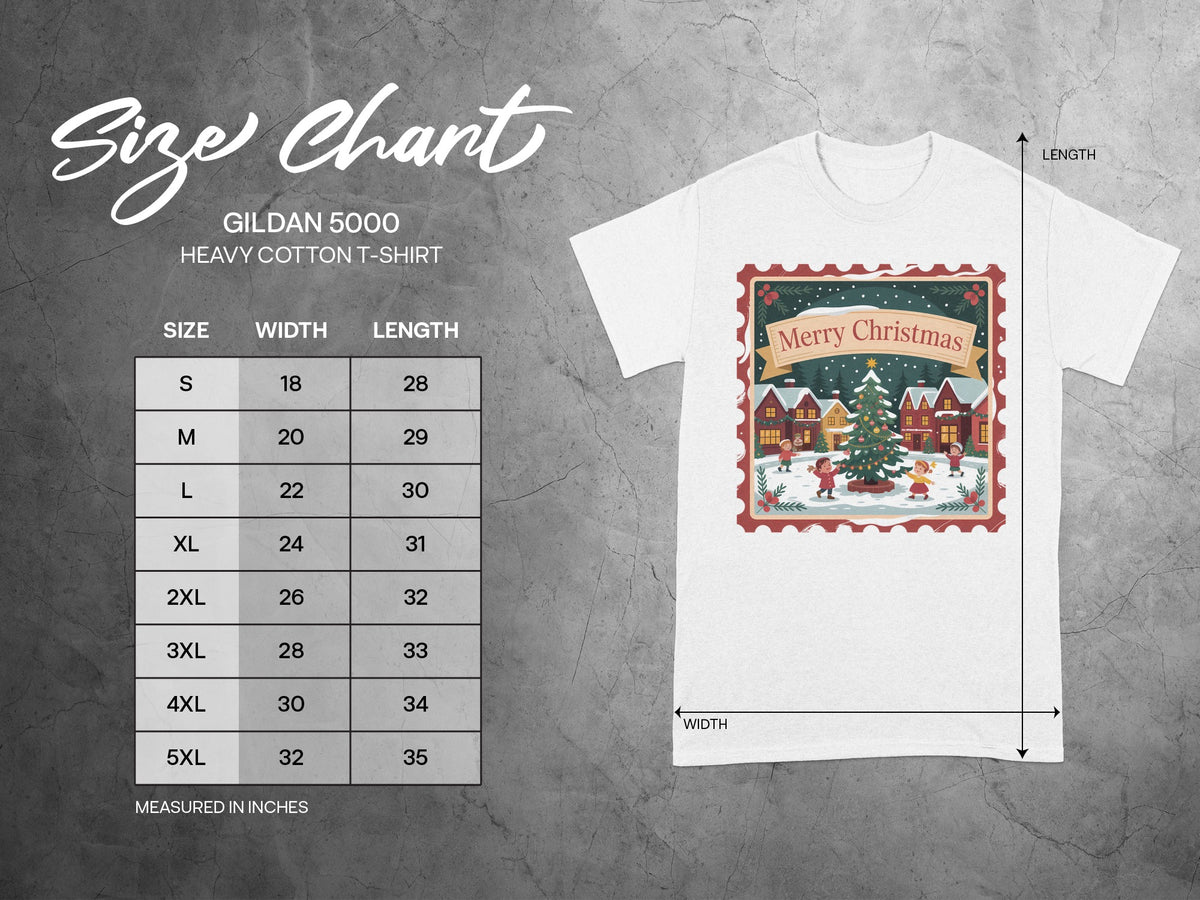 Gildan 5000 Heavy Cotton T-shirt size chart with width and length measurements in inches.