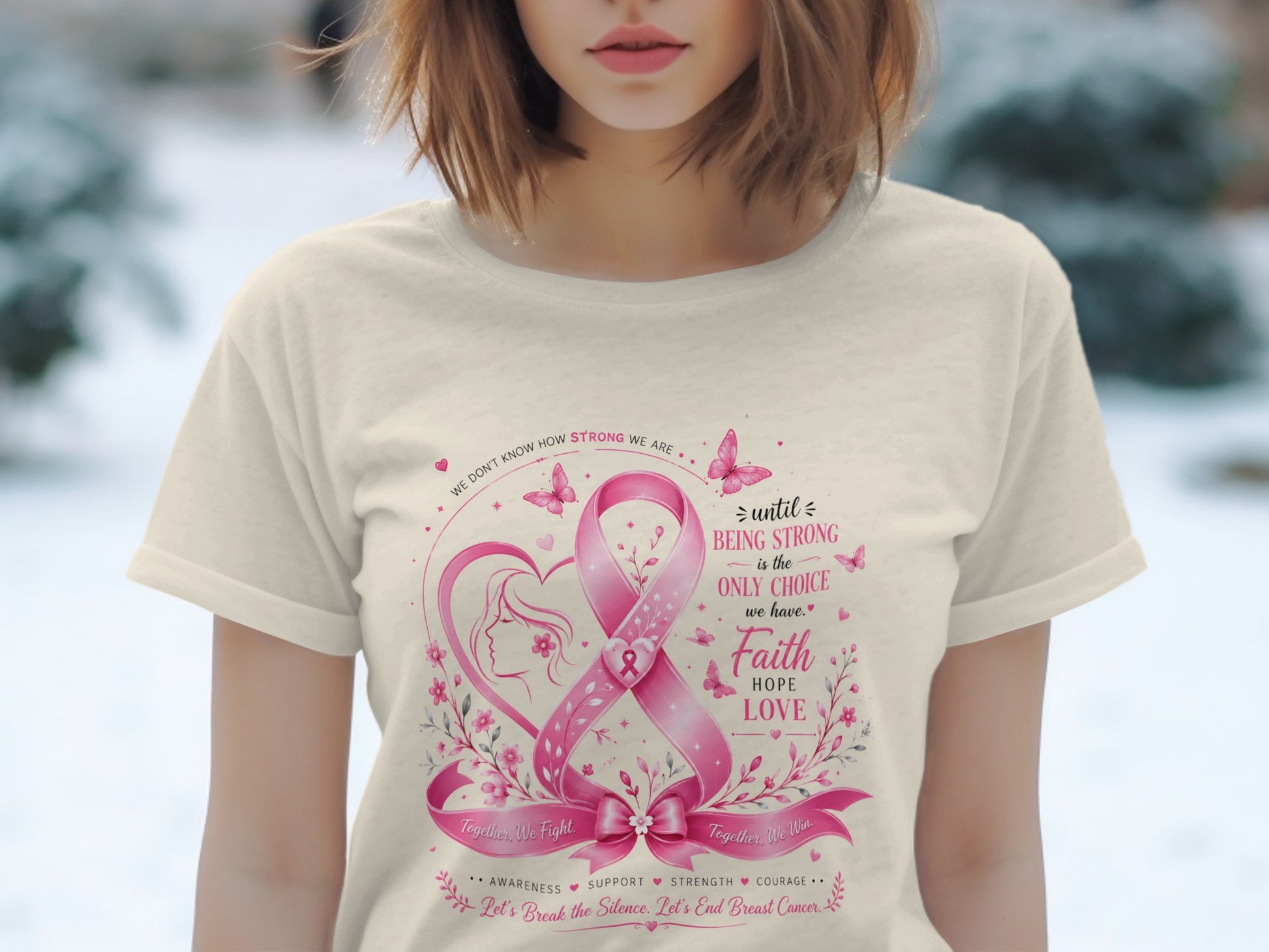 T-shirt with pink ribbon, heart, woman's profile, butterflies, and breast cancer awareness text.