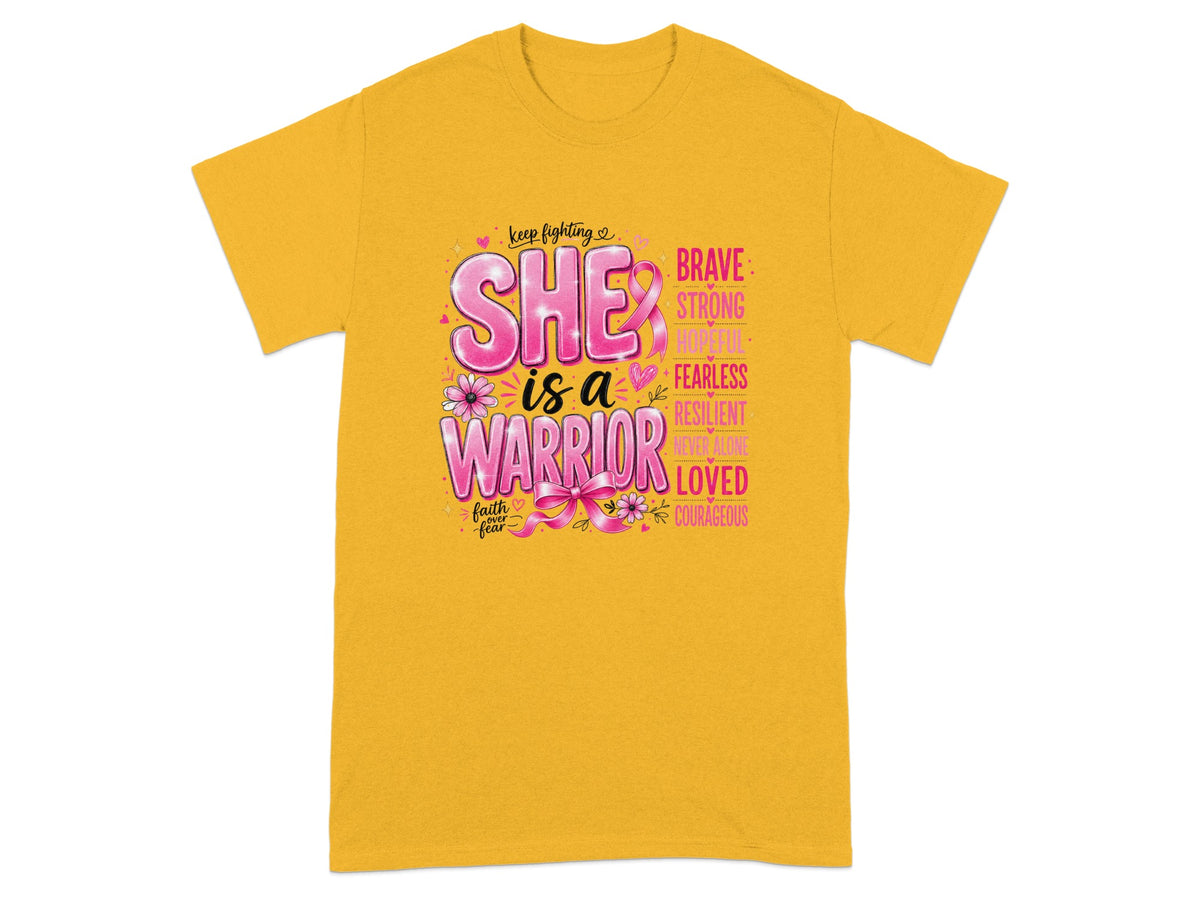 Yellow t-shirt with "She is a Warrior" and empowering words for breast cancer awareness.