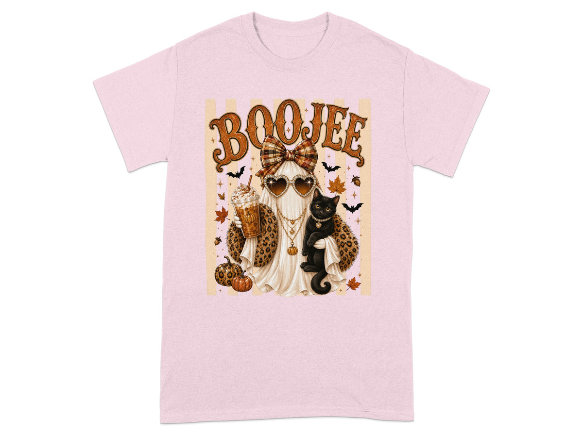 Ghost wearing sunglasses, leopard print, holding cat and coffee, with "Boojee" text.