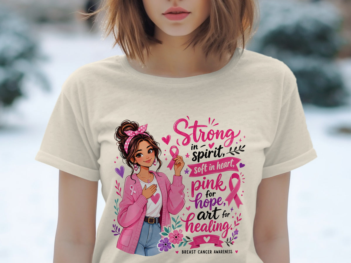 T-shirt design featuring a woman with a pink ribbon and text for breast cancer awareness.