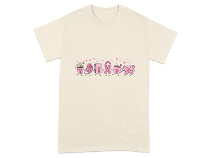 Cream t-shirt with a row of cute, animated characters including a plant, shoe, notebook, ribbon, coffee cup, and butterfly.