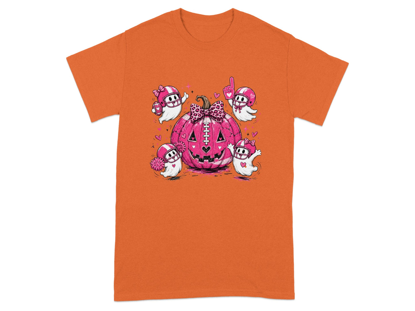 Four cute ghosts in football helmets surround a pink jack-o'-lantern with a bow.