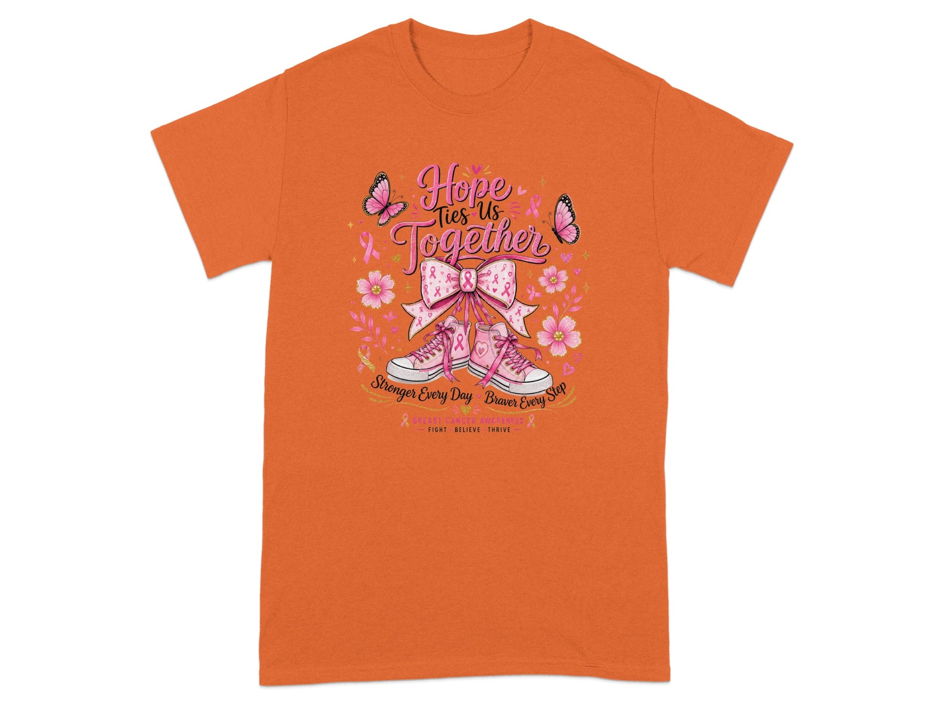 Orange t-shirt with "Hope Ties Us Together" and breast cancer awareness graphics.