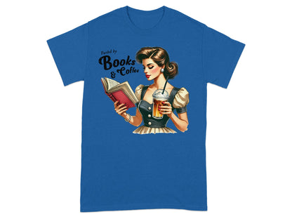 Retro woman reading a book and holding coffee, text "Fueled by Books & Coffee."