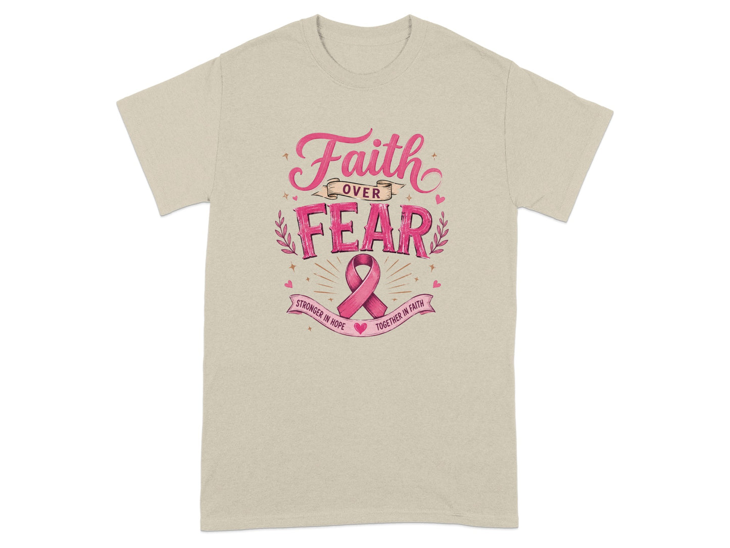 Tan t-shirt with "Faith over Fear" text and a pink ribbon.