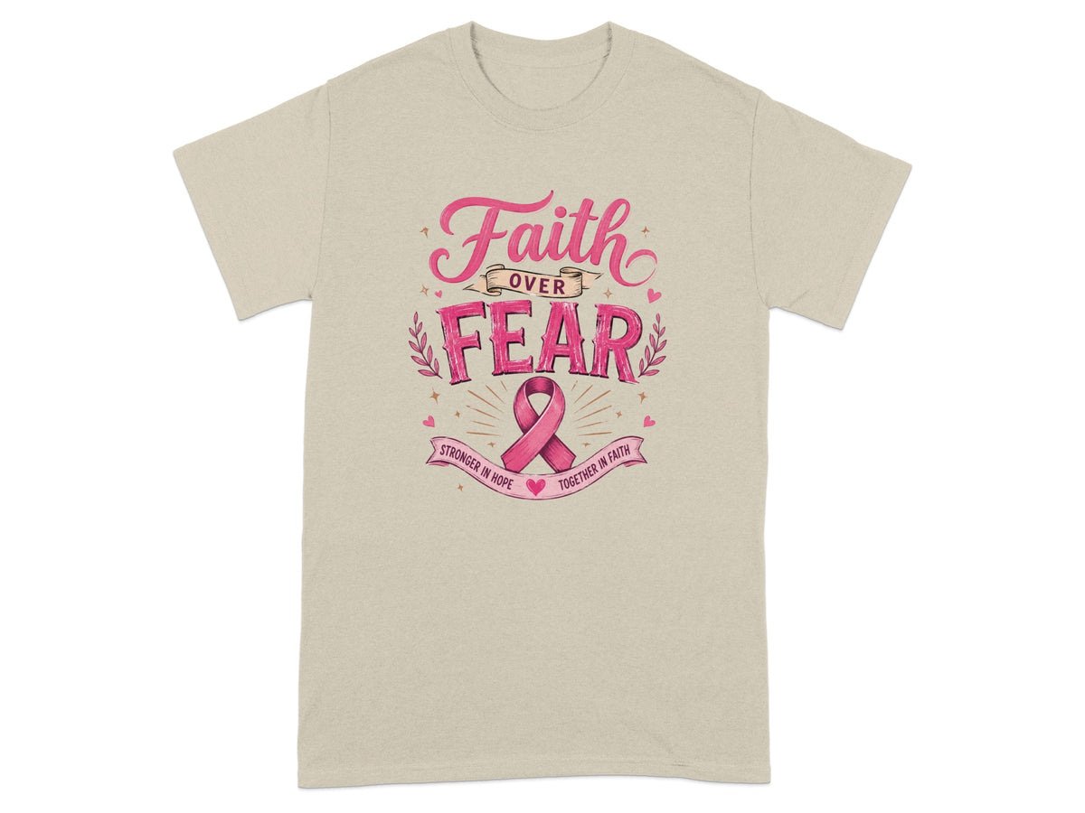 Tan t-shirt with "Faith over Fear" text and a pink ribbon.