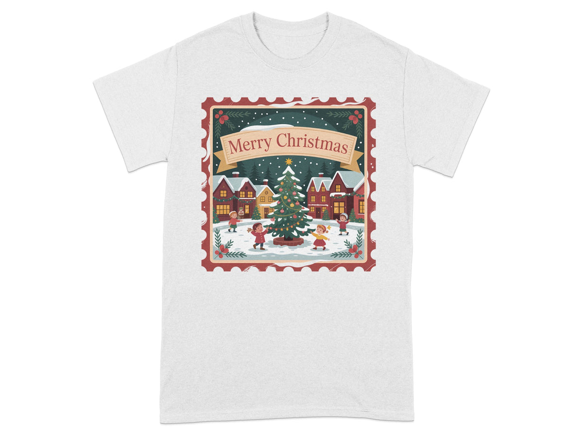 Stamp graphic with children around Christmas tree and "Merry Christmas" text.