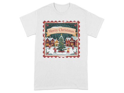 Stamp graphic with children around Christmas tree and "Merry Christmas" text.