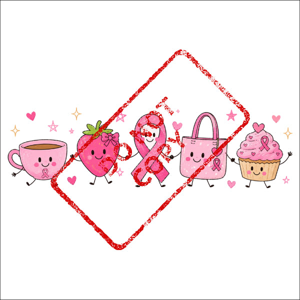 Cute cartoon cup, strawberry, ribbon, tote bag, and cupcake with breast cancer ribbons.