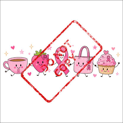 Cute cartoon cup, strawberry, ribbon, tote bag, and cupcake with breast cancer ribbons.