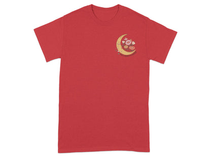Red t-shirt with a crescent moon, flowers, and the text "Take a moment to breathe."