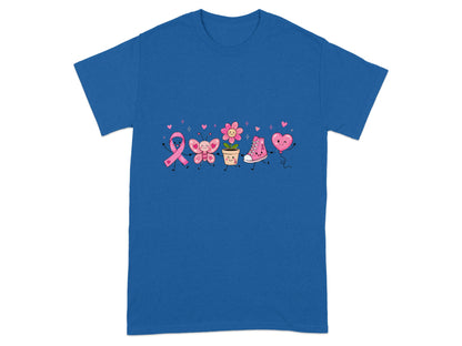 Blue t-shirt with a line of cartoon breast cancer awareness figures including a ribbon and a heart.