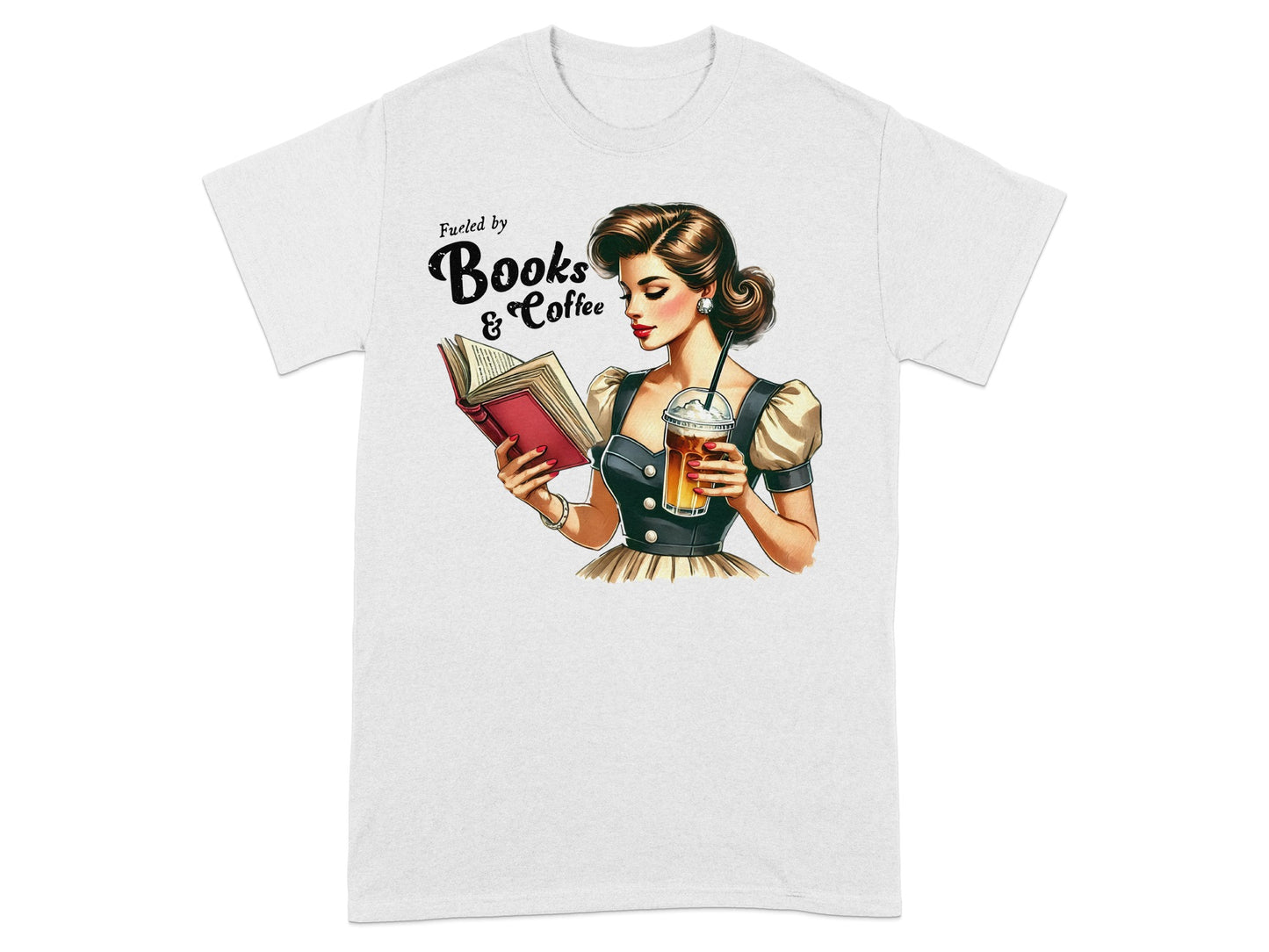 Woman reading a book holding coffee cup with text "Fueled by Books & Coffee."