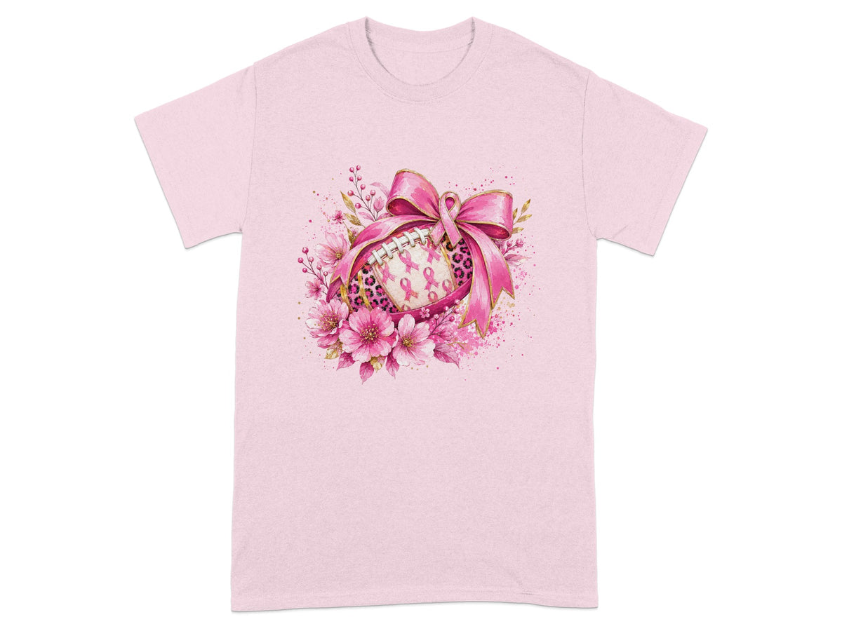 Pink t-shirt with a football decorated with pink ribbons and flowers.