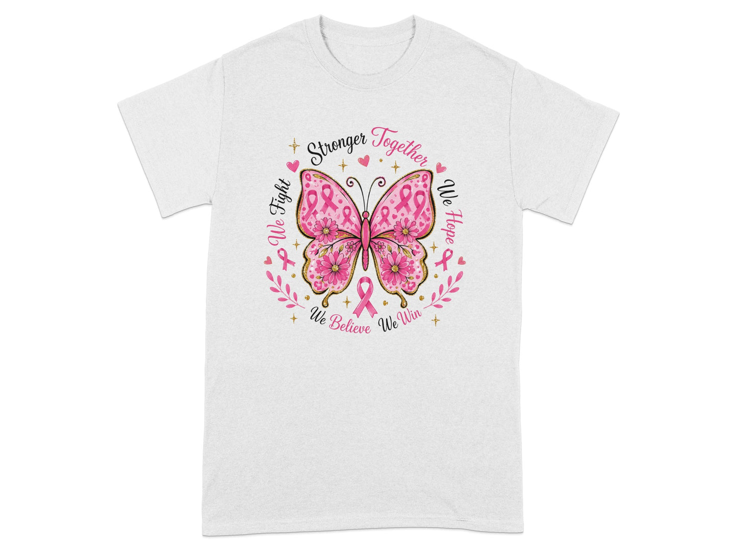 White t-shirt with butterfly design featuring pink ribbons and inspirational text.