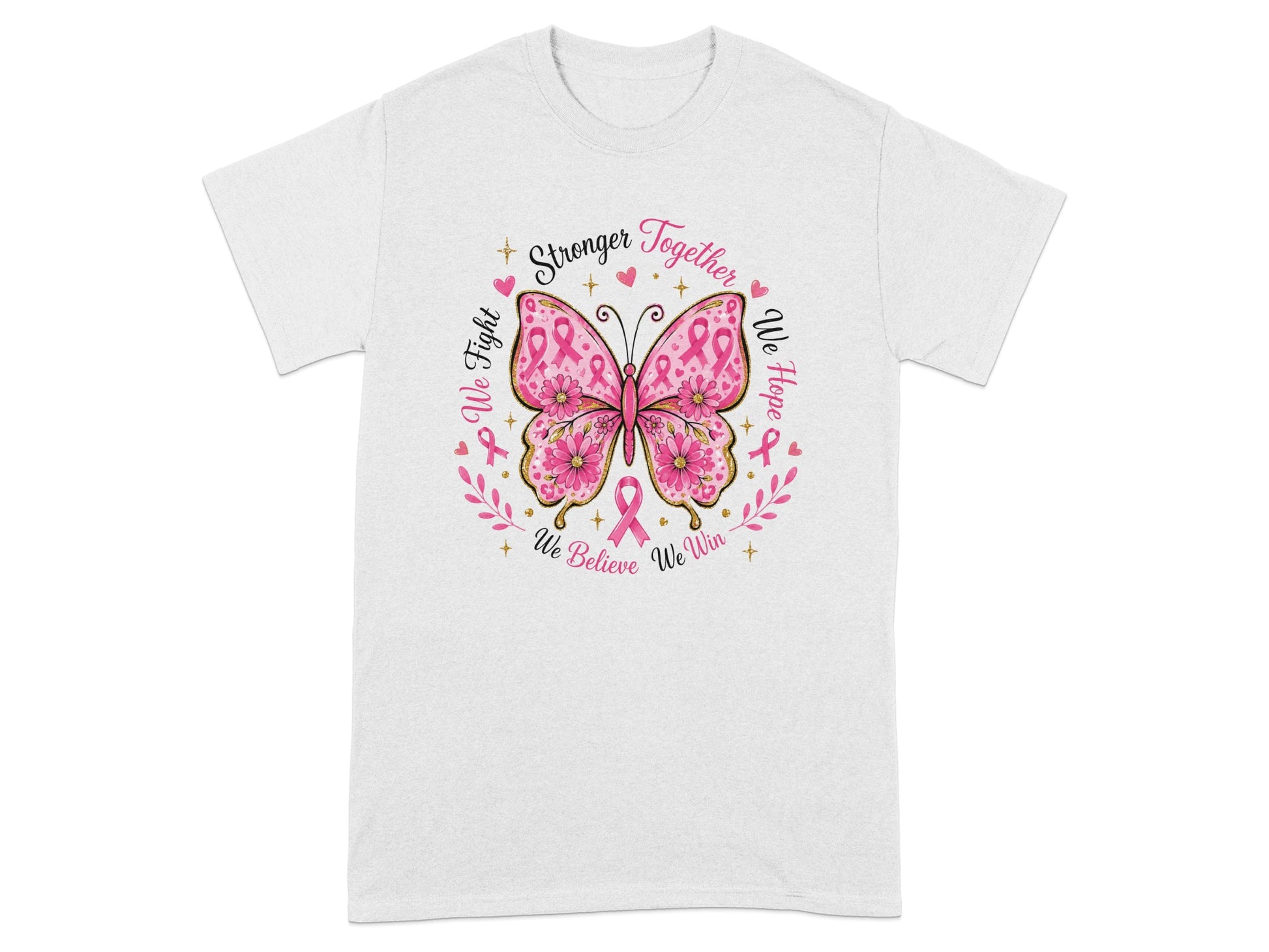 White t-shirt with butterfly design featuring pink ribbons and inspirational text.
