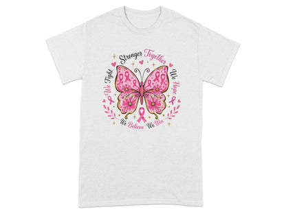 White t-shirt with butterfly design featuring pink ribbons and inspirational text.