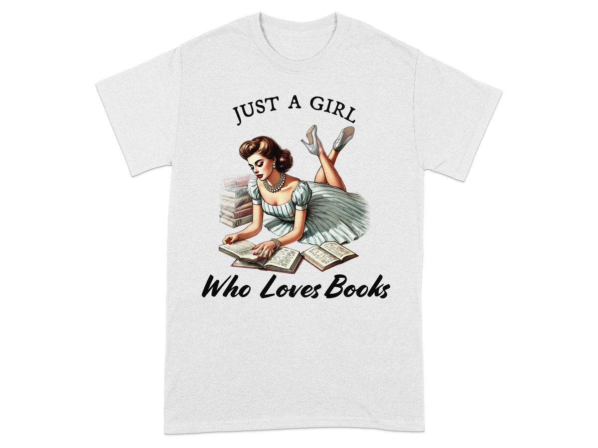 Graphic of a woman reading books with text "Just a girl who loves books".