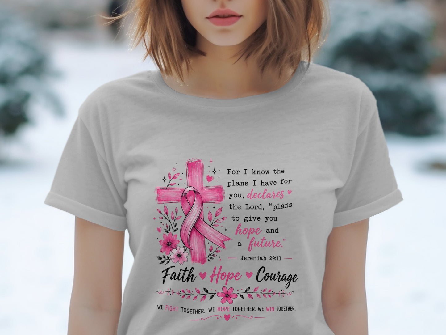 Gray t-shirt with pink cross, ribbon, flowers, and inspirational text.