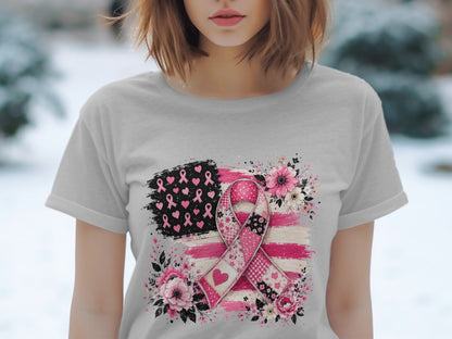 T-shirt with pink ribbon and floral breast cancer awareness flag design.