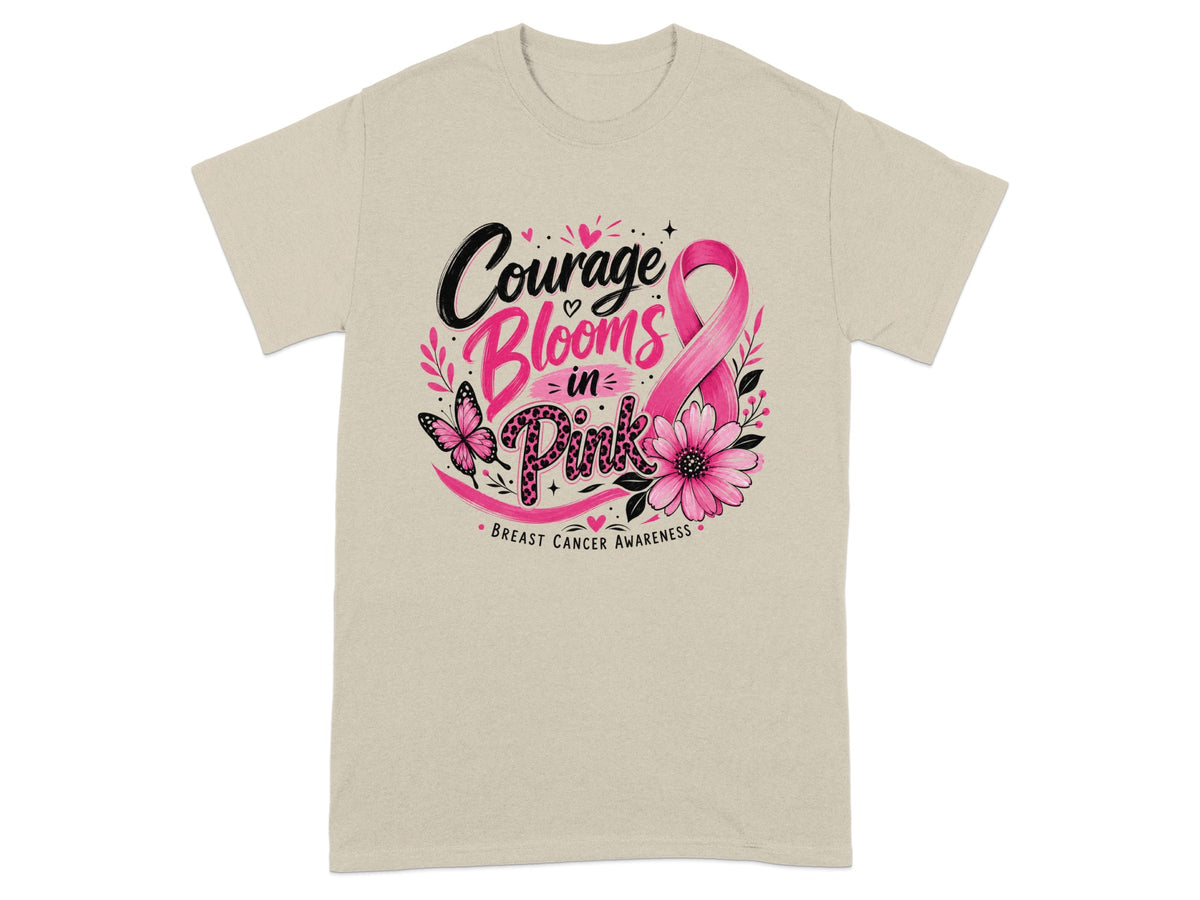 Light beige t-shirt with "Courage Blooms in Pink" Breast Cancer Awareness graphic.