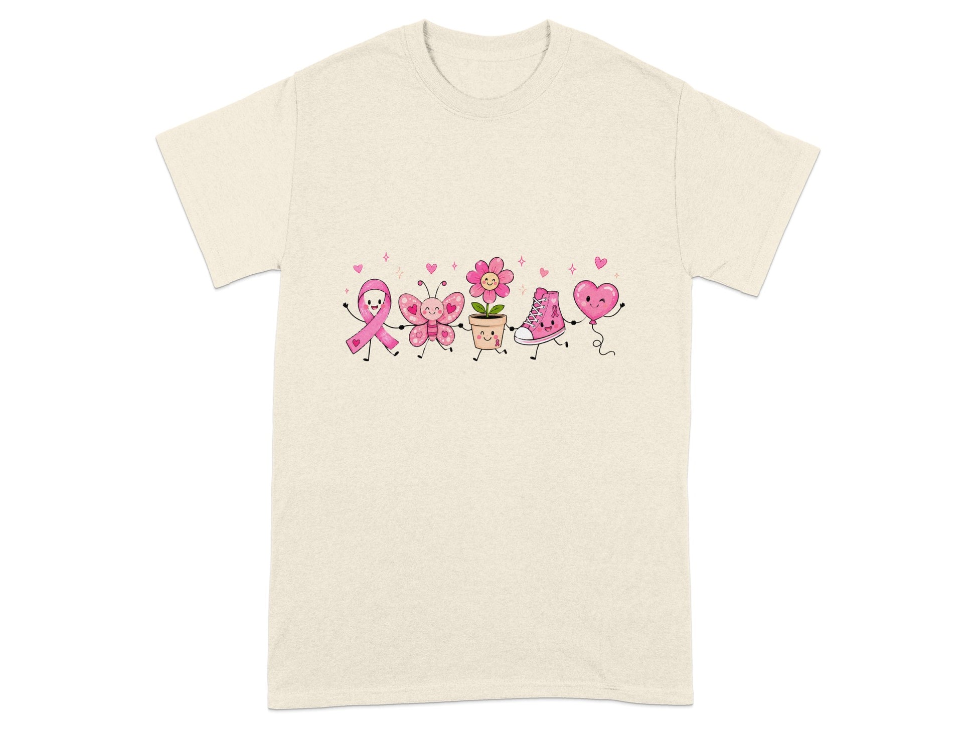 Cute pink ribbon, butterfly, flower, shoe, and heart characters with pink hearts.