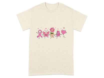 Cute pink ribbon, butterfly, flower, shoe, and heart characters with pink hearts.