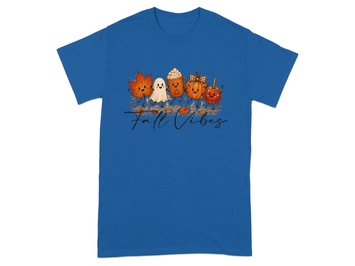 Blue t-shirt with "Fall Vibes" text and cute autumn characters.
