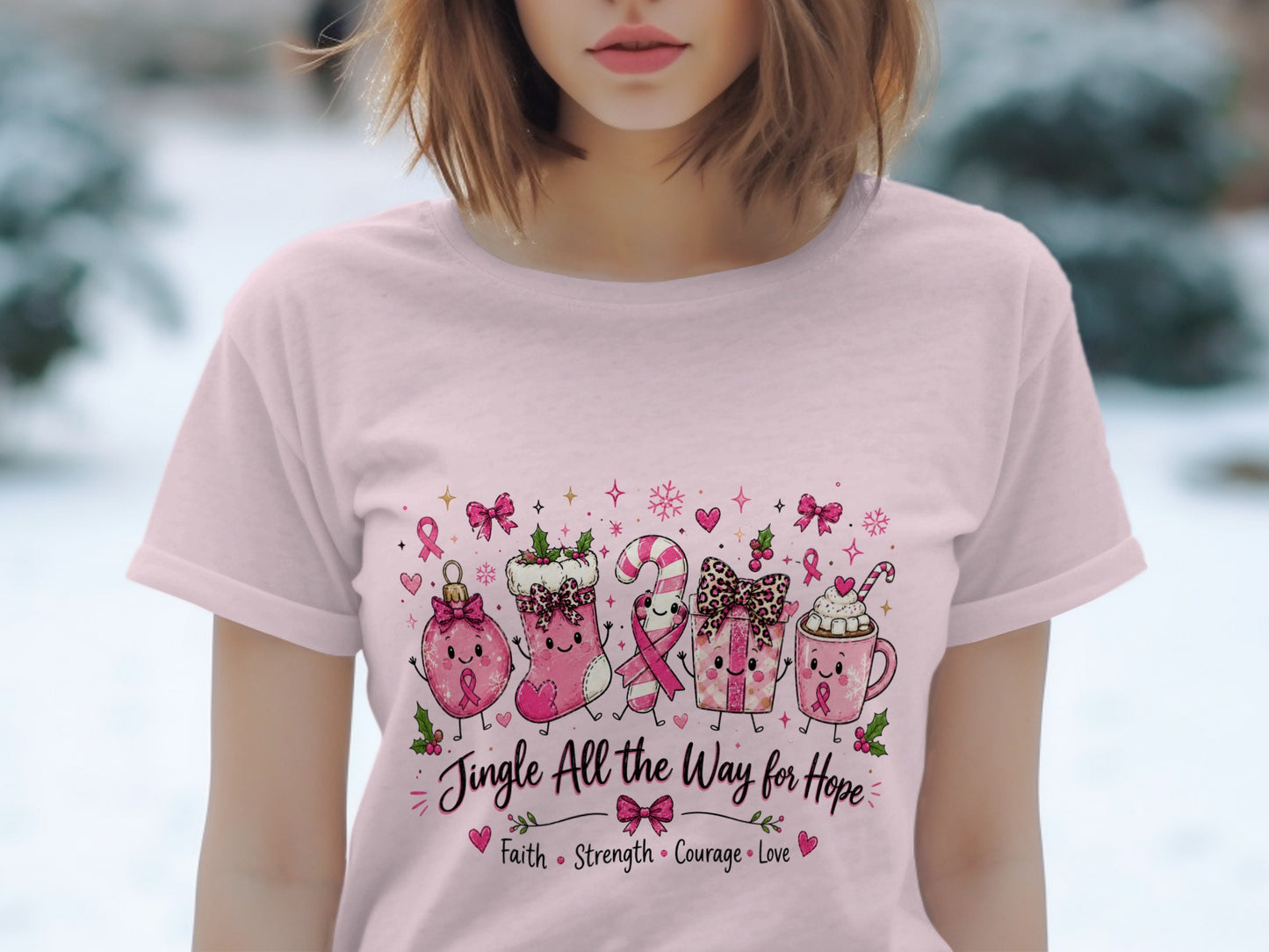 Pink t-shirt with Christmas characters and "Jingle All the Way for Hope" text.