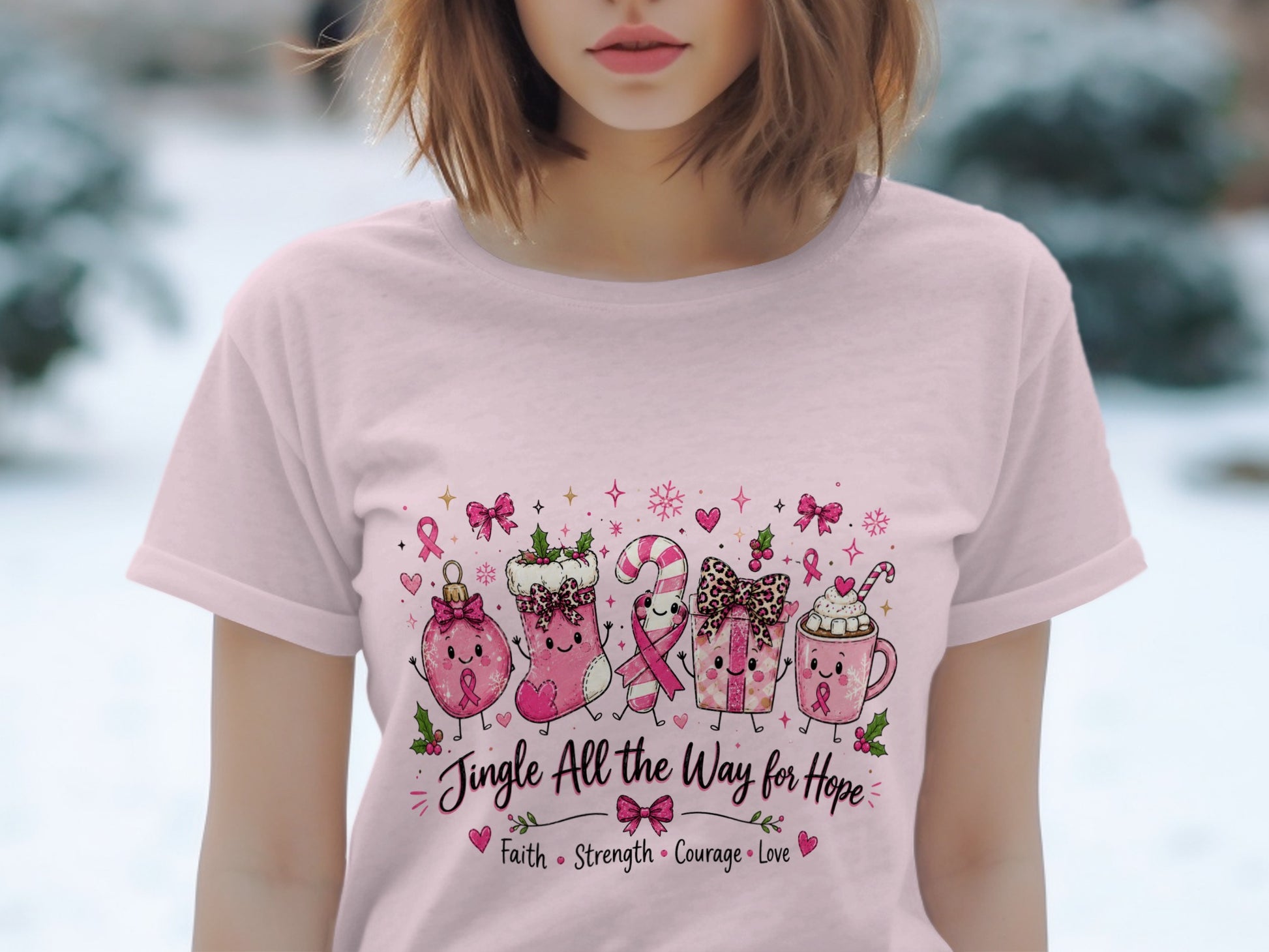 Pink t-shirt with Christmas characters and "Jingle All the Way for Hope" text.
