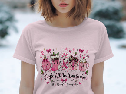 Pink t-shirt with Christmas characters and "Jingle All the Way for Hope" text.