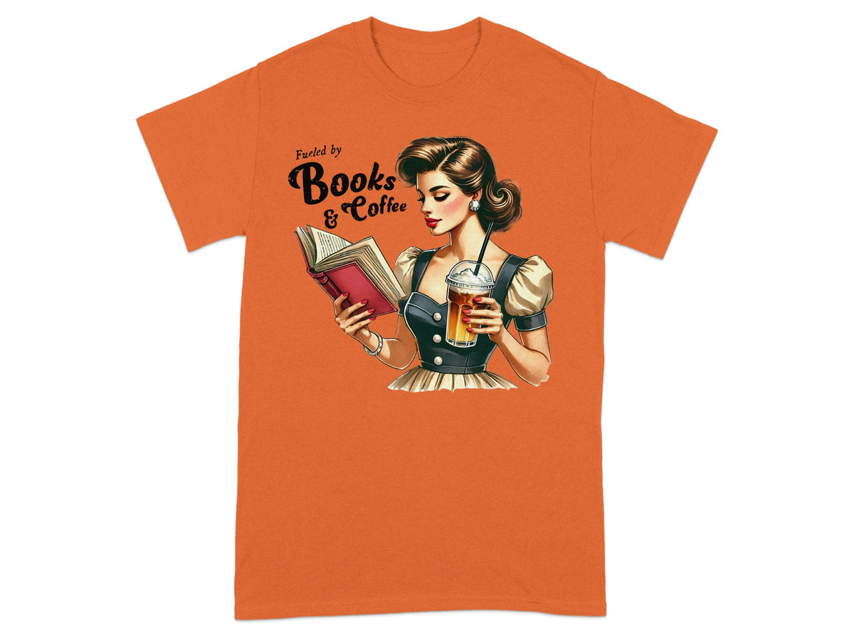 Illustration of woman reading book holding iced coffee with text "Fueled by Books & Coffee".