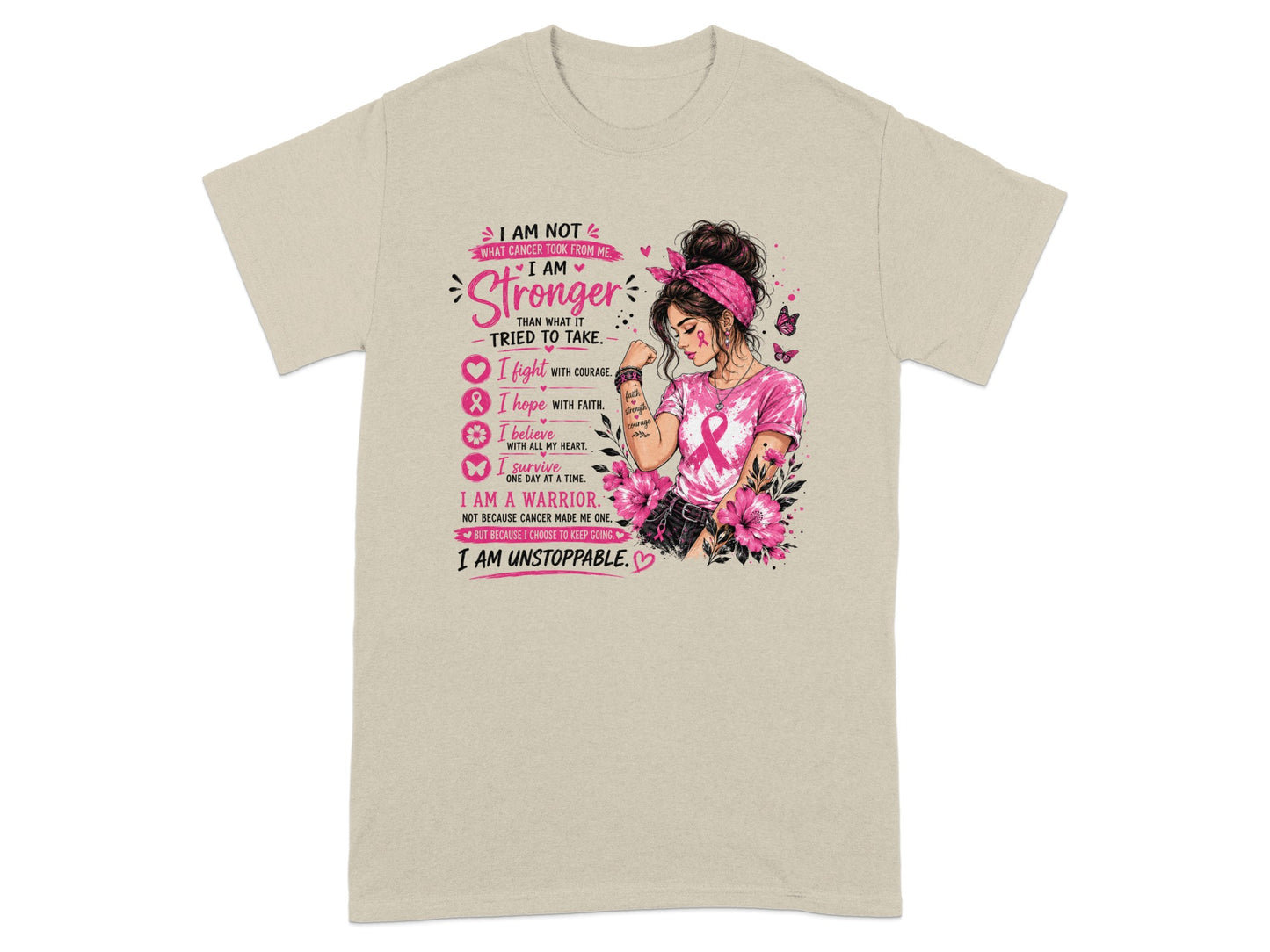 Woman with pink ribbon, "I Am Stronger Than What It Tried To Take." text.