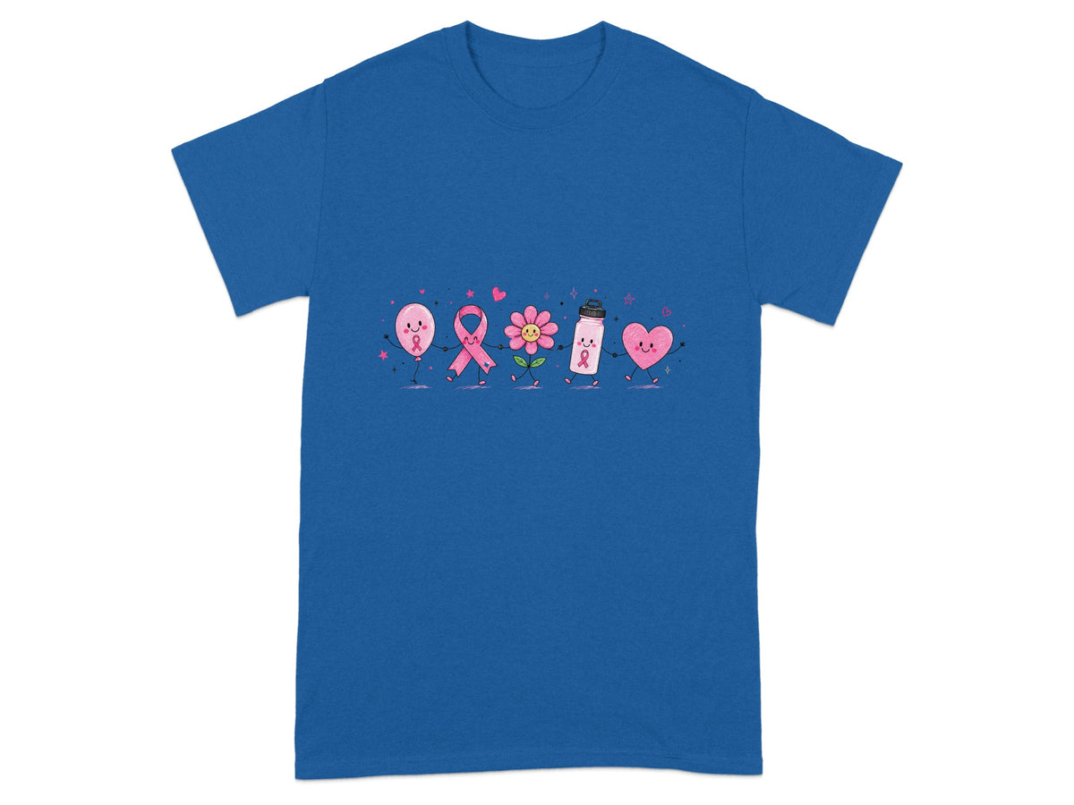Cute cartoon characters including a ribbon, flower, bottle, and heart on a blue t-shirt.