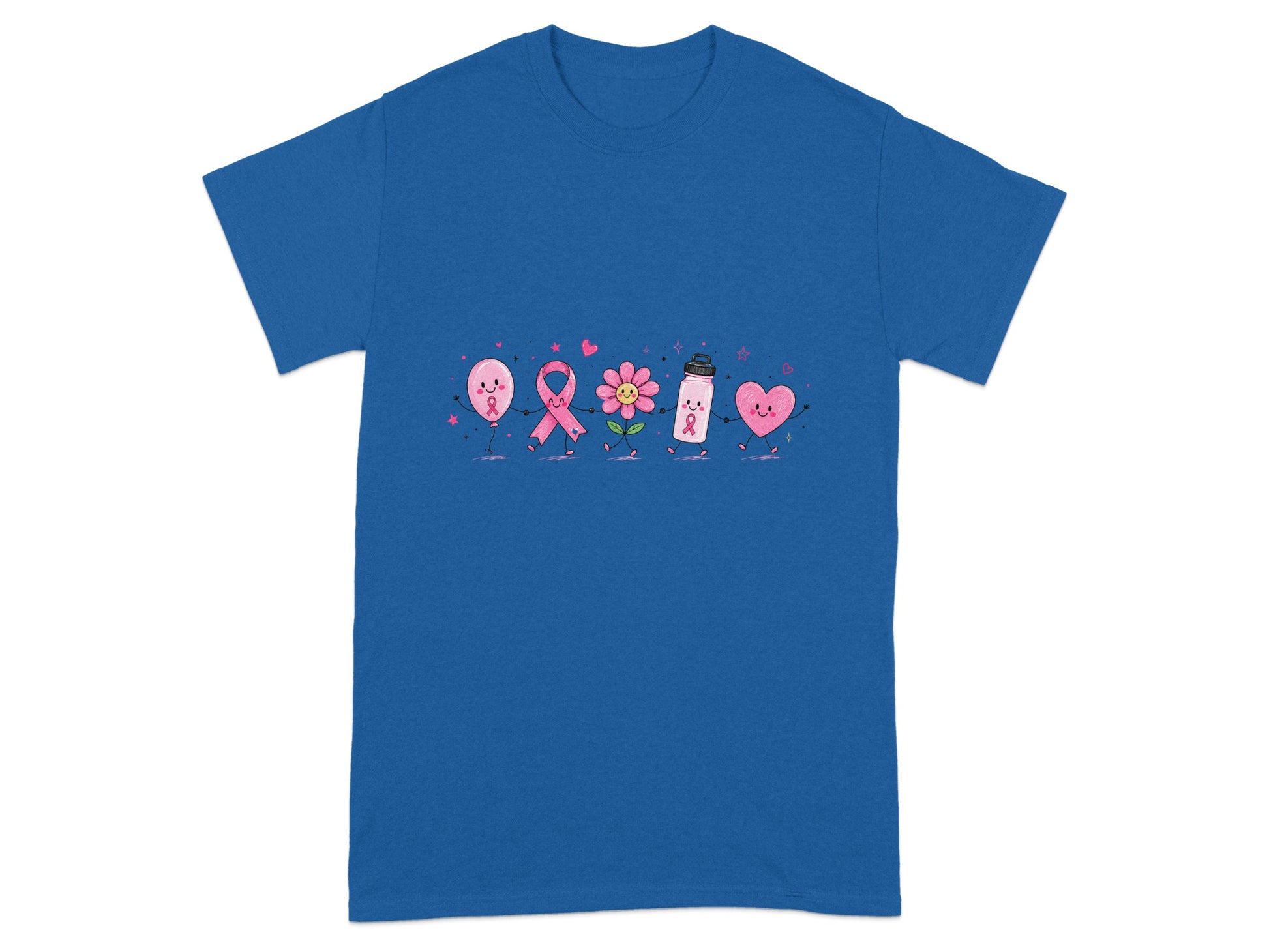 Cute cartoon characters including a ribbon, flower, bottle, and heart on a blue t-shirt.