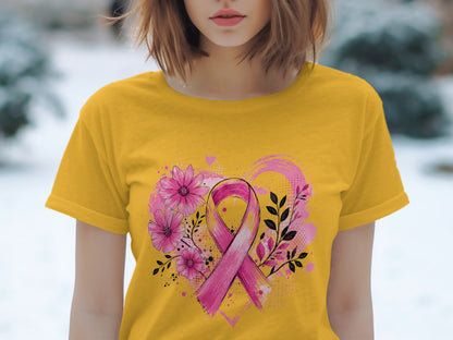 Yellow t-shirt with pink ribbon, flowers, and heart design.