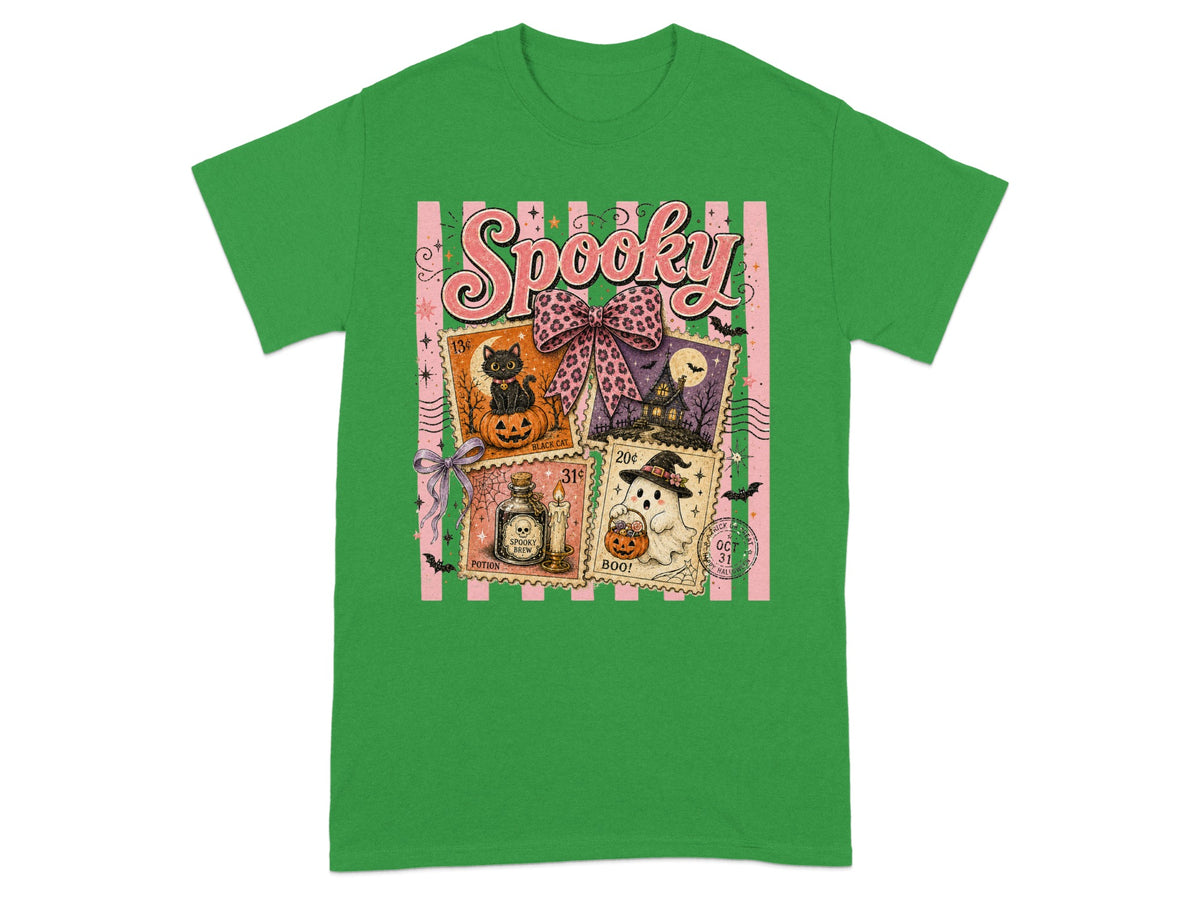 Green t-shirt with vintage Halloween stamps: black cat, haunted house, potion, ghost.