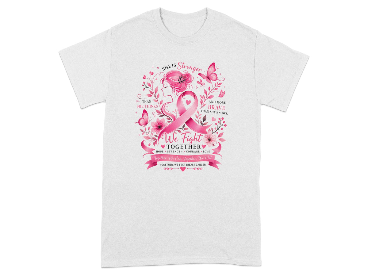 White t-shirt with breast cancer ribbon, floral design, and empowering text.
