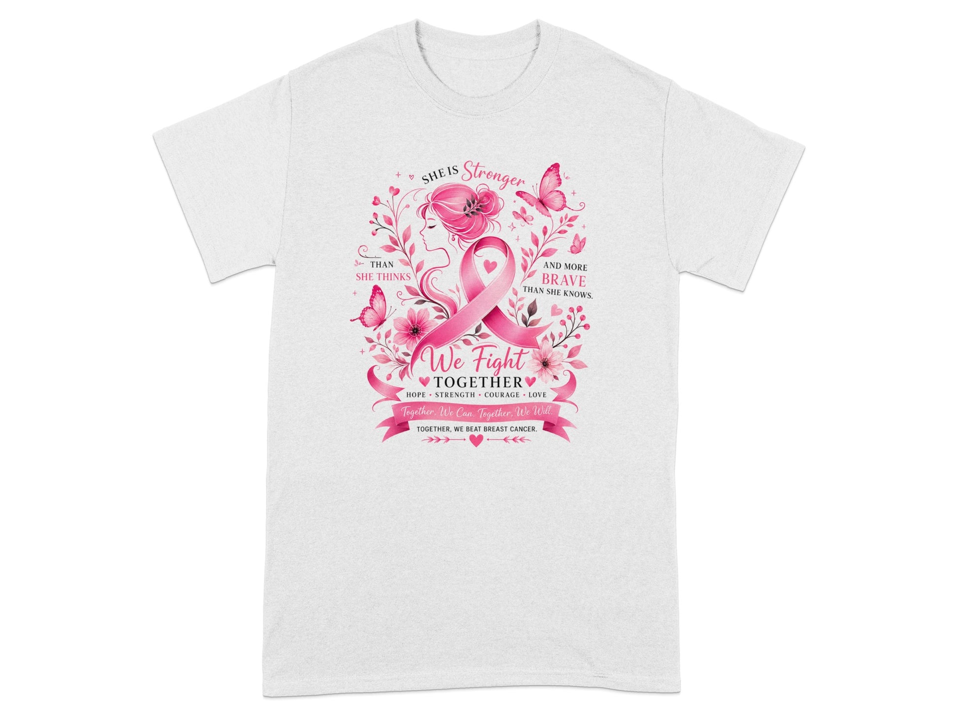 White t-shirt with breast cancer ribbon, floral design, and empowering text.
