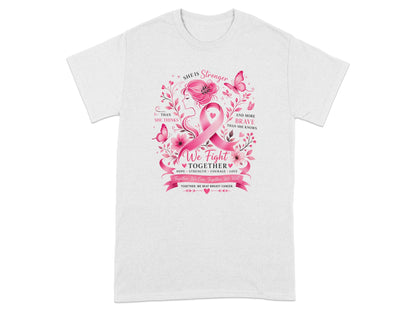 White t-shirt with breast cancer ribbon, floral design, and empowering text.
