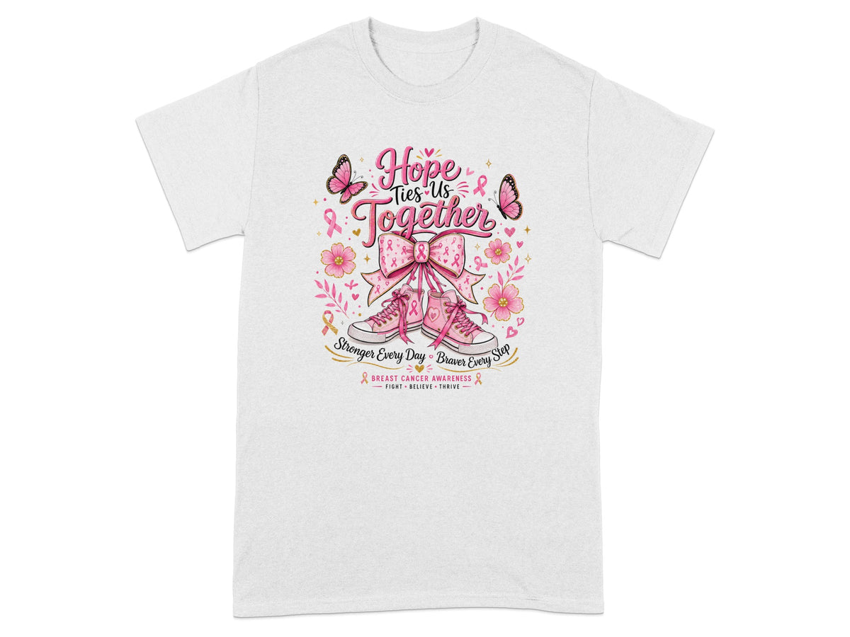 Breast cancer awareness t-shirt with "Hope Ties Us Together" and inspirational text.