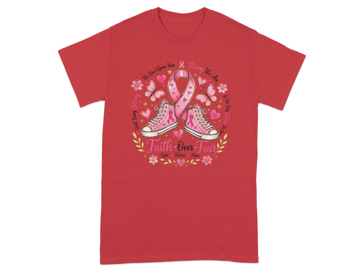 Red t-shirt with pink ribbon, sneakers, butterflies, flowers, and "Faith Over Fear" text.