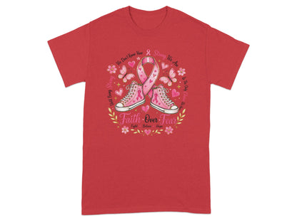 Red t-shirt with pink ribbon, sneakers, butterflies, flowers, and "Faith Over Fear" text.