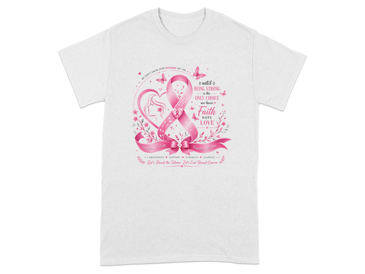 Breast cancer awareness design with pink ribbon, heart, woman's silhouette, butterflies, and inspirational text.